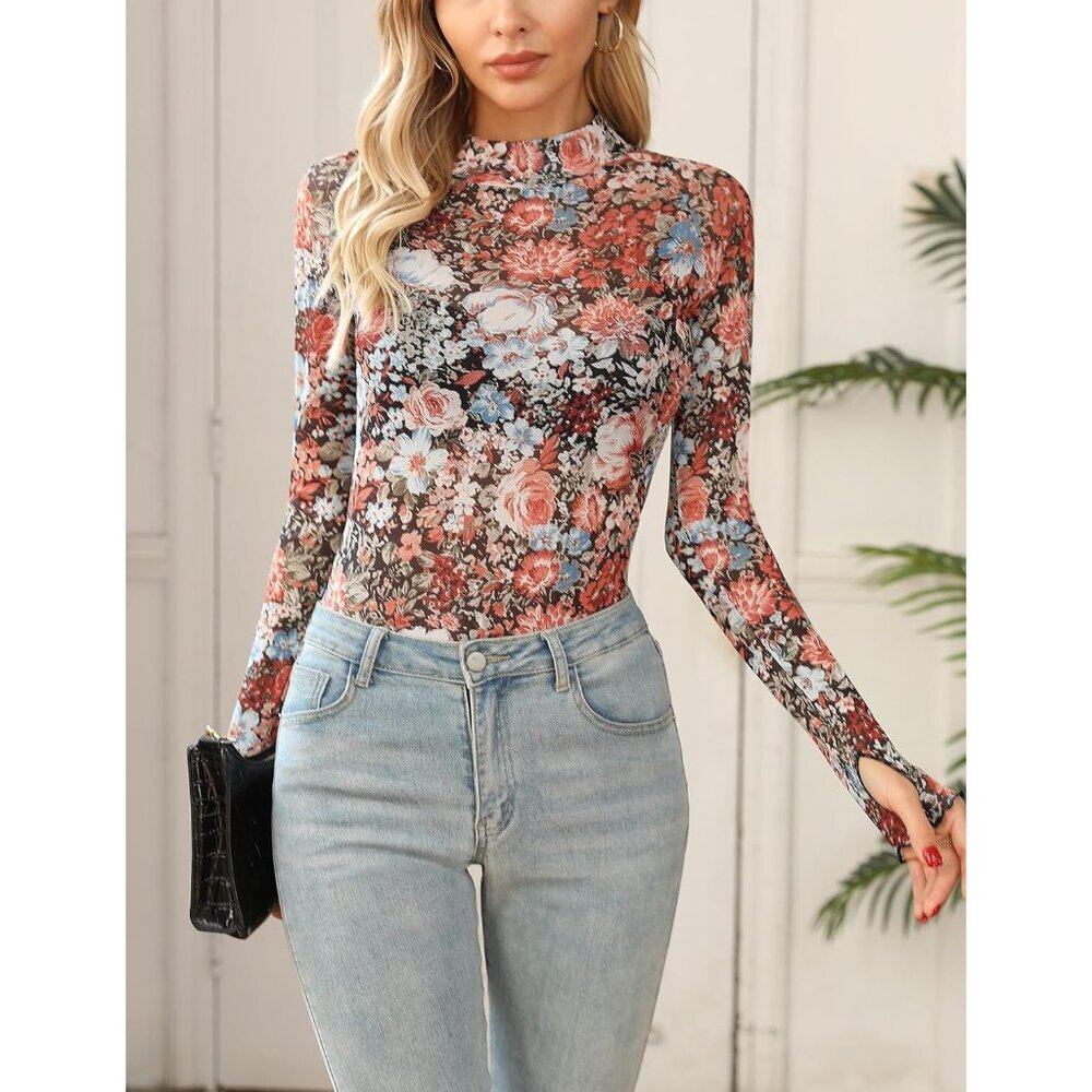 Womens Lace Mesh Top Floral Mock Neck Long Sleeve See Through Casual - Picture 2 of 6